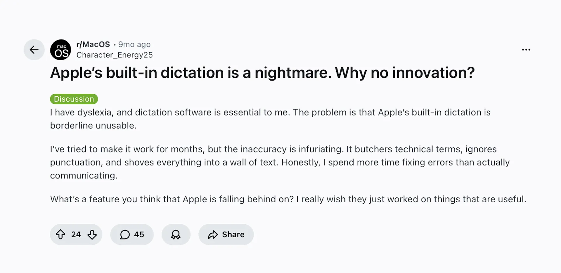 Reddit post about no innovation in built-in Mac dictation