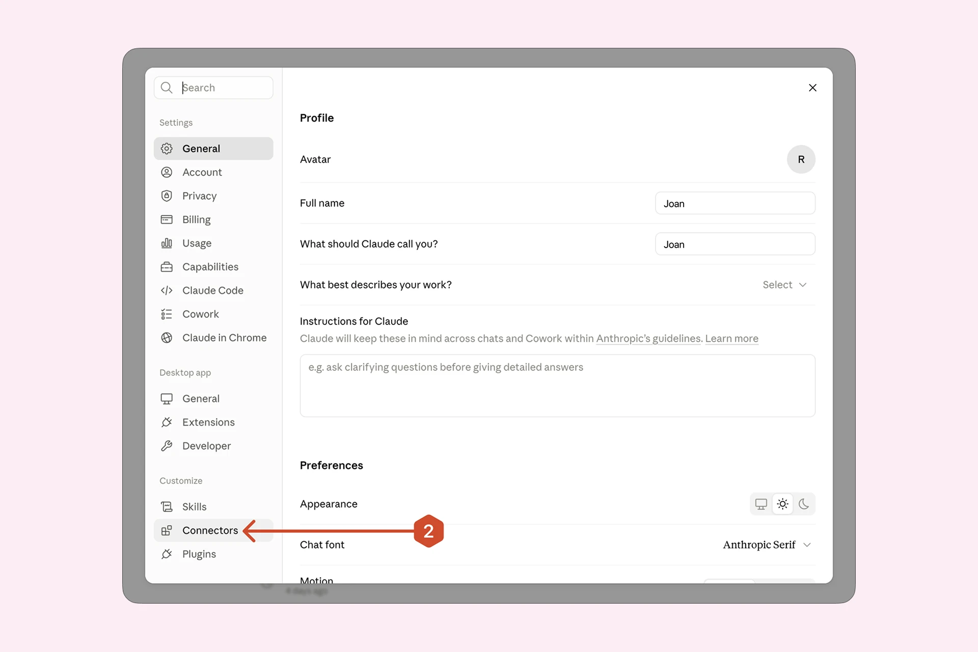 Select Connectors in the Claude settings sidebar