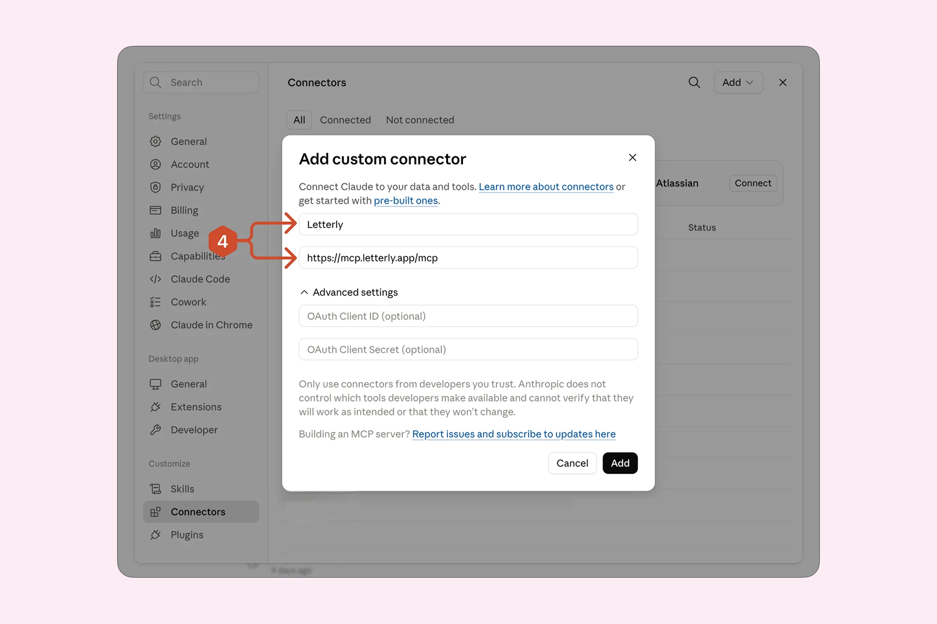 Name the connector Letterly and paste the MCP endpoint