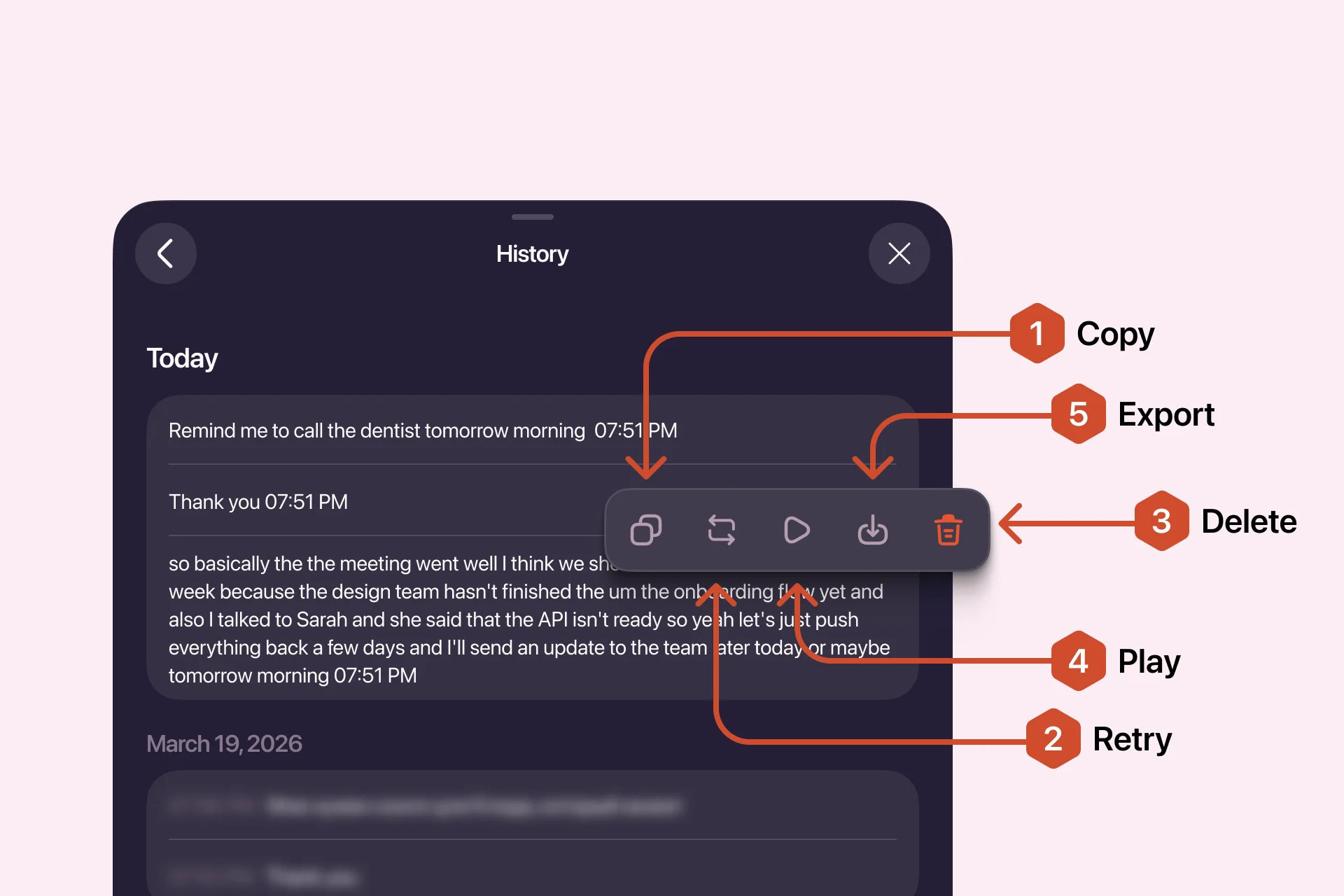 Quick actions for a dictation entry in History