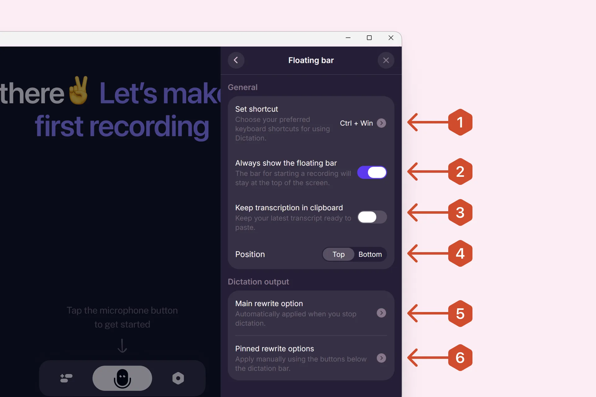 Floating bar settings in the Letterly Windows app