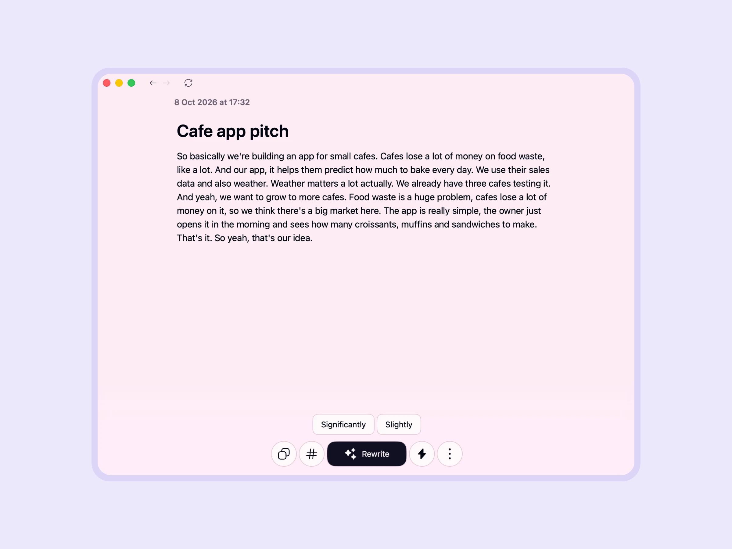Pitch practice voice note in Letterly
