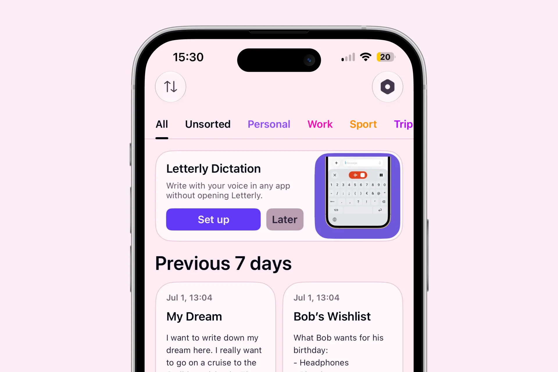 Letterly Dictation banner on the Home screen