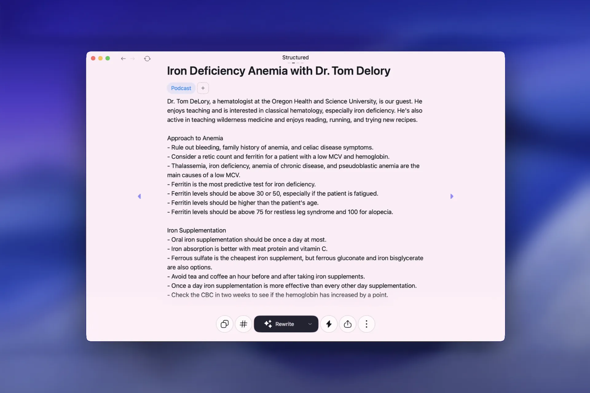 Use Letterly rewrite options for good podcast notes