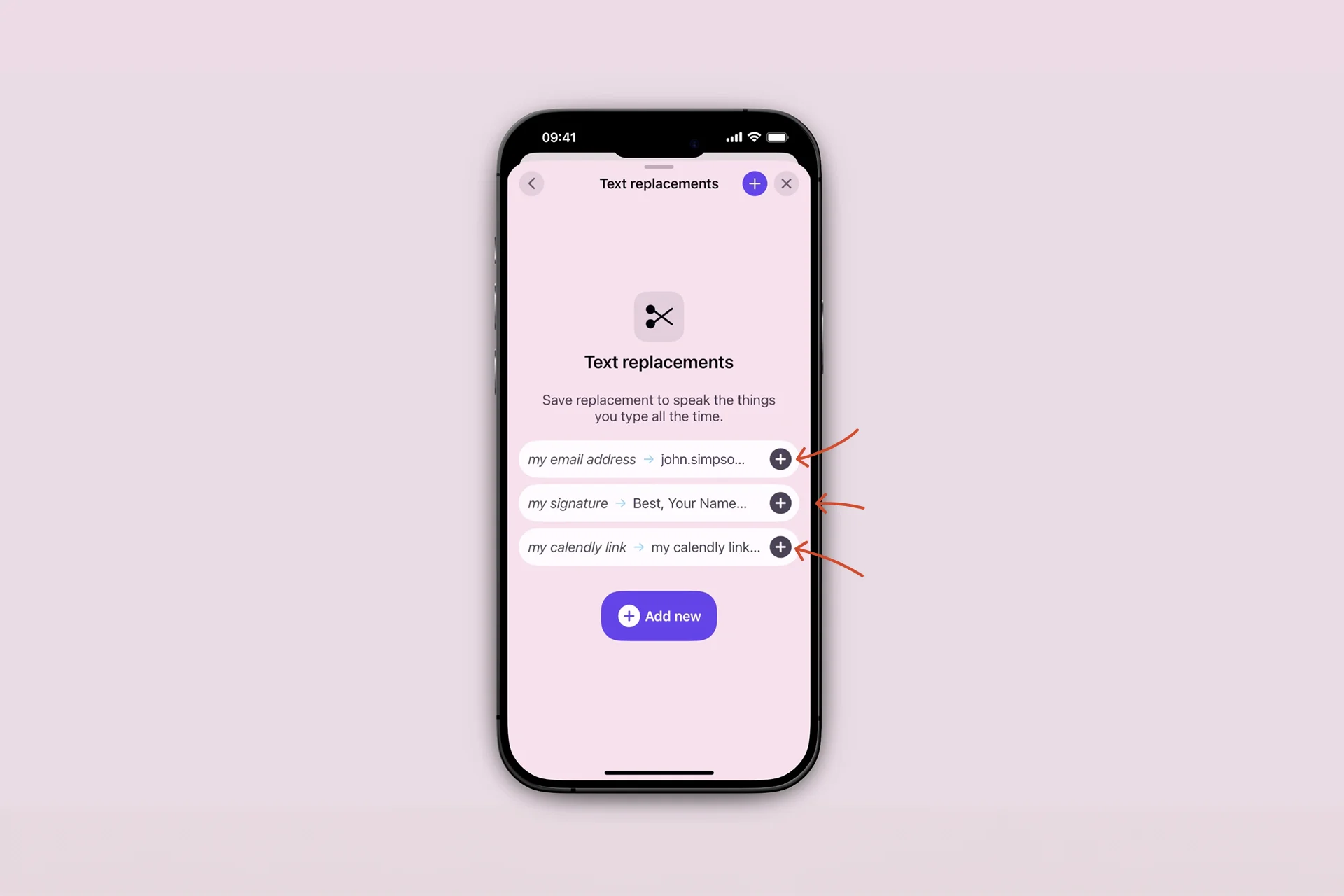 Ready-made text replacements in Letterly