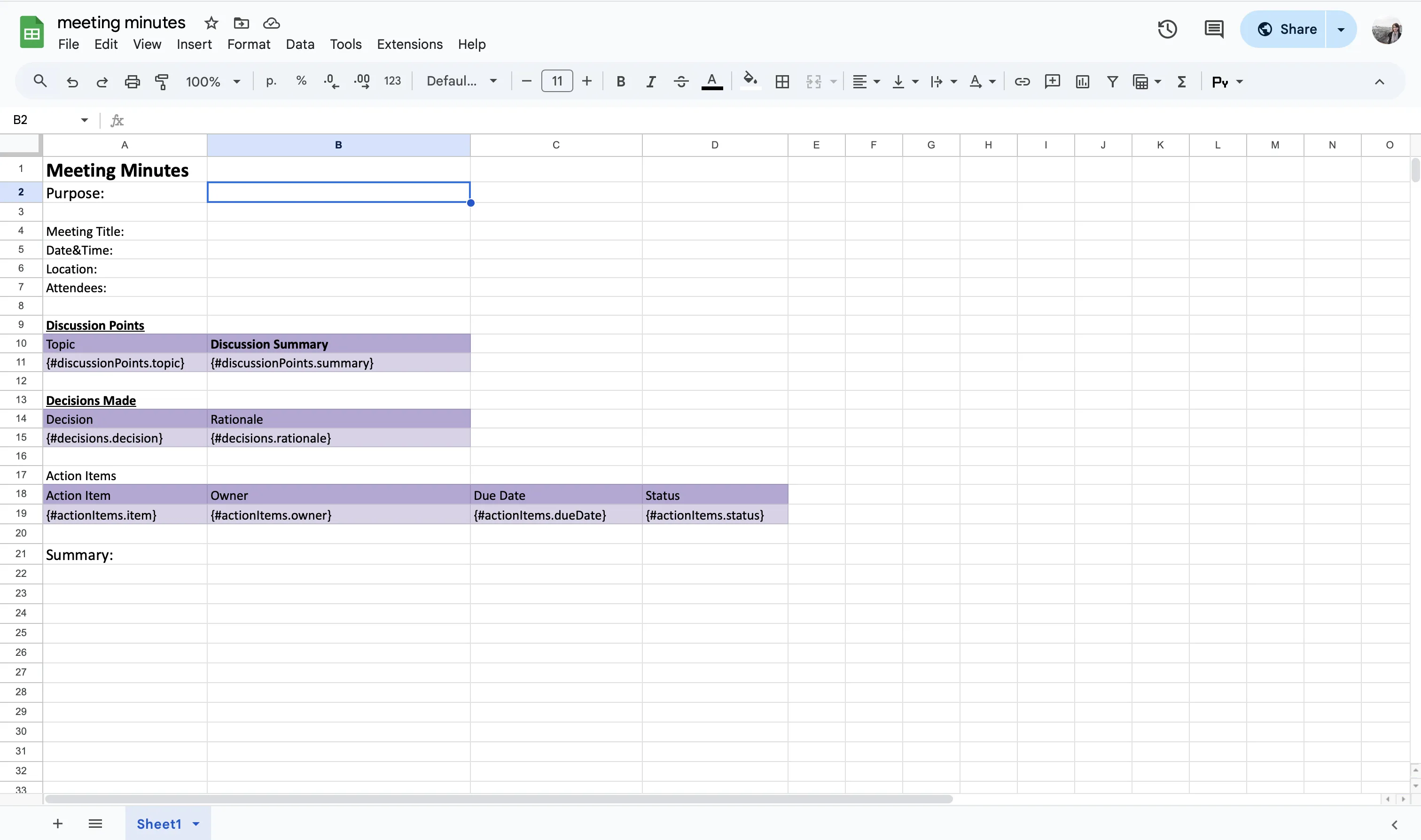 Google Sheets template for meeting minutes