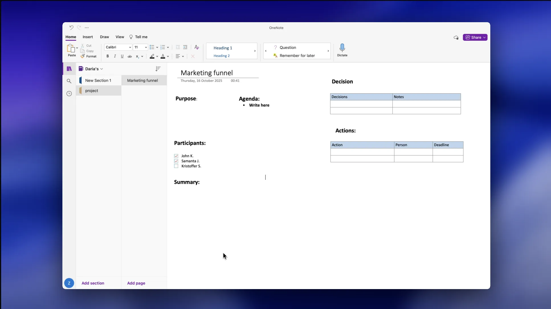 Microsoft OneNote template for meeting minutes