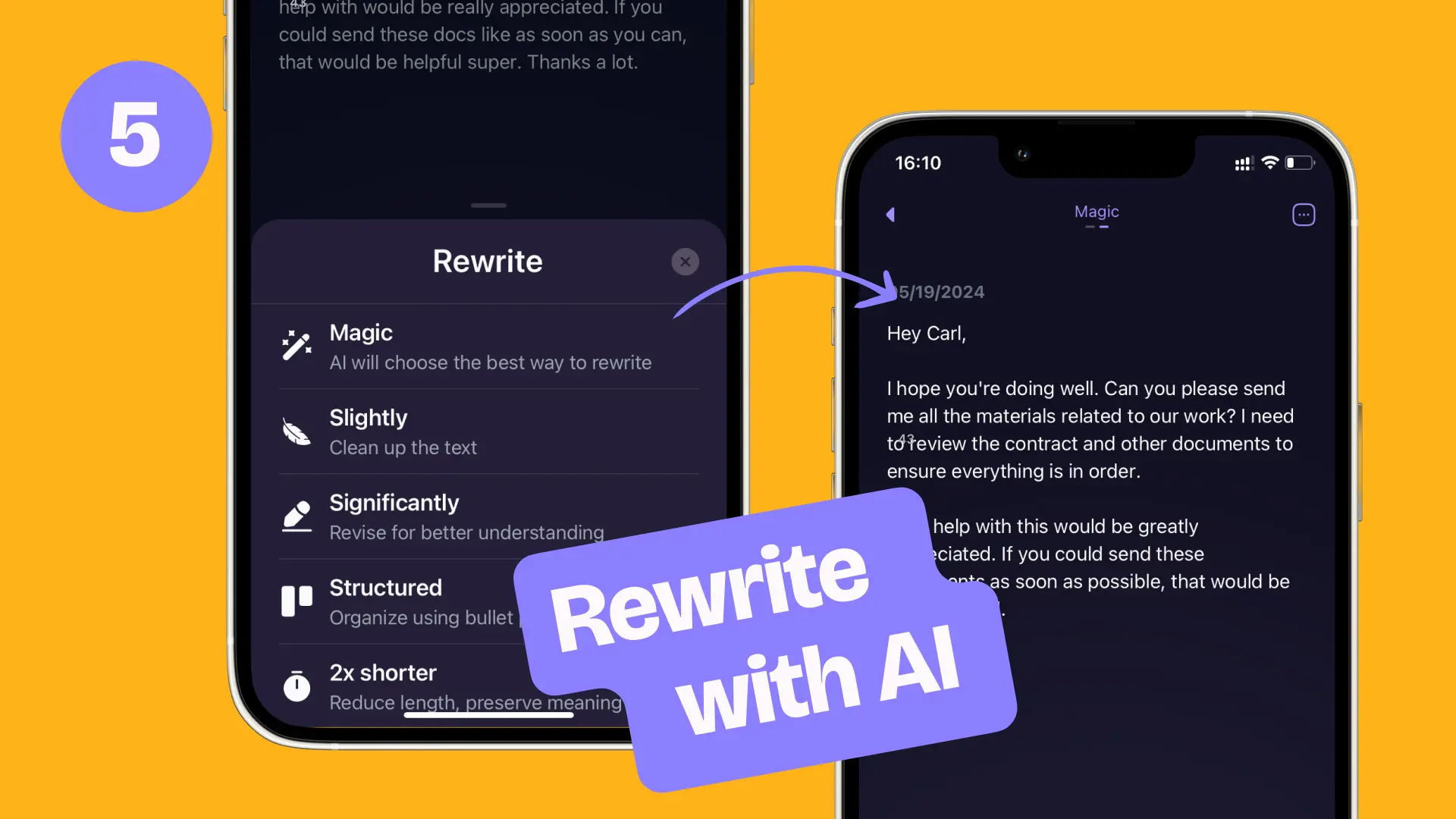 Choose the way to rewrite text. Let's give Magic a try. Letterly.app