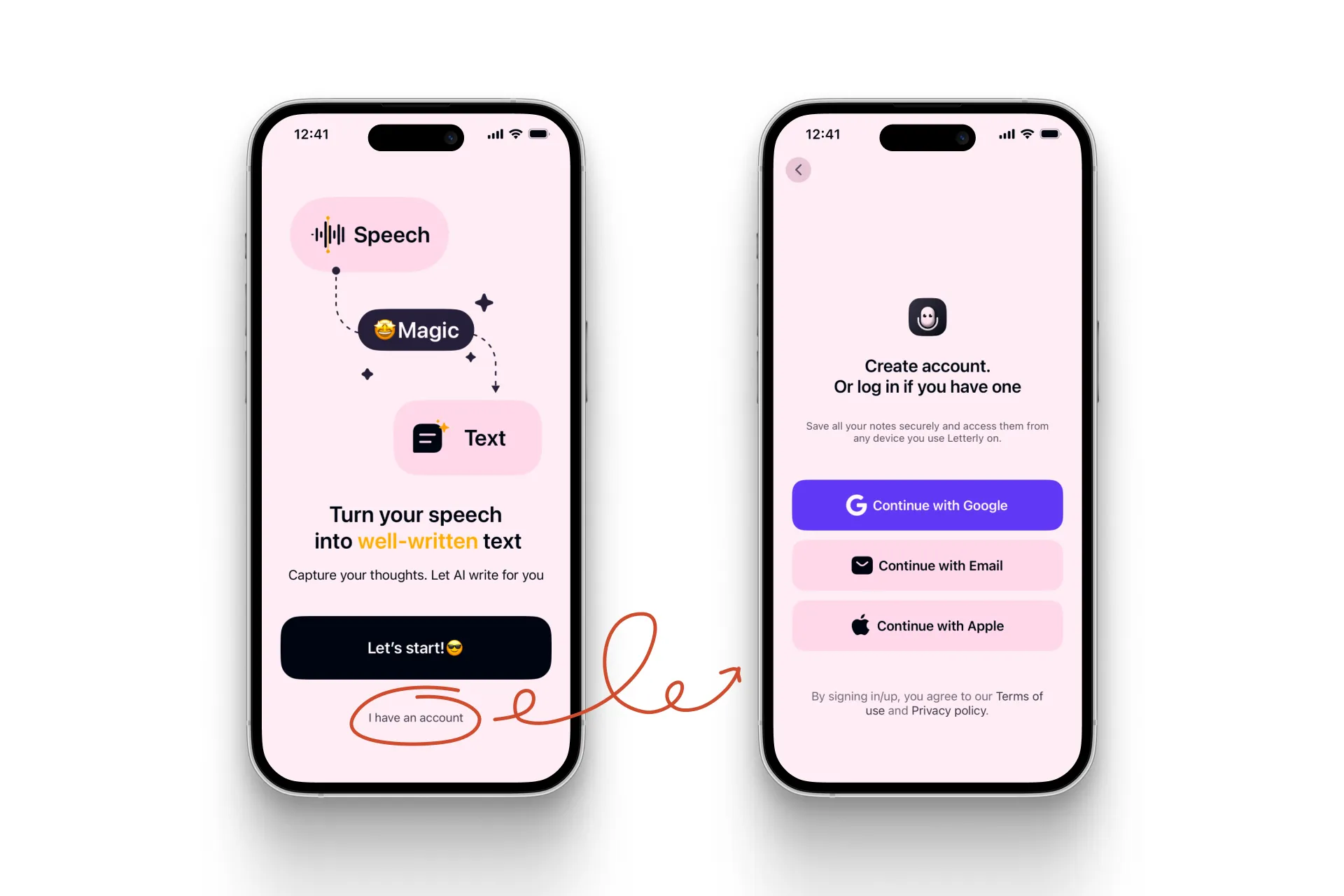 Explore login screens of Letterly