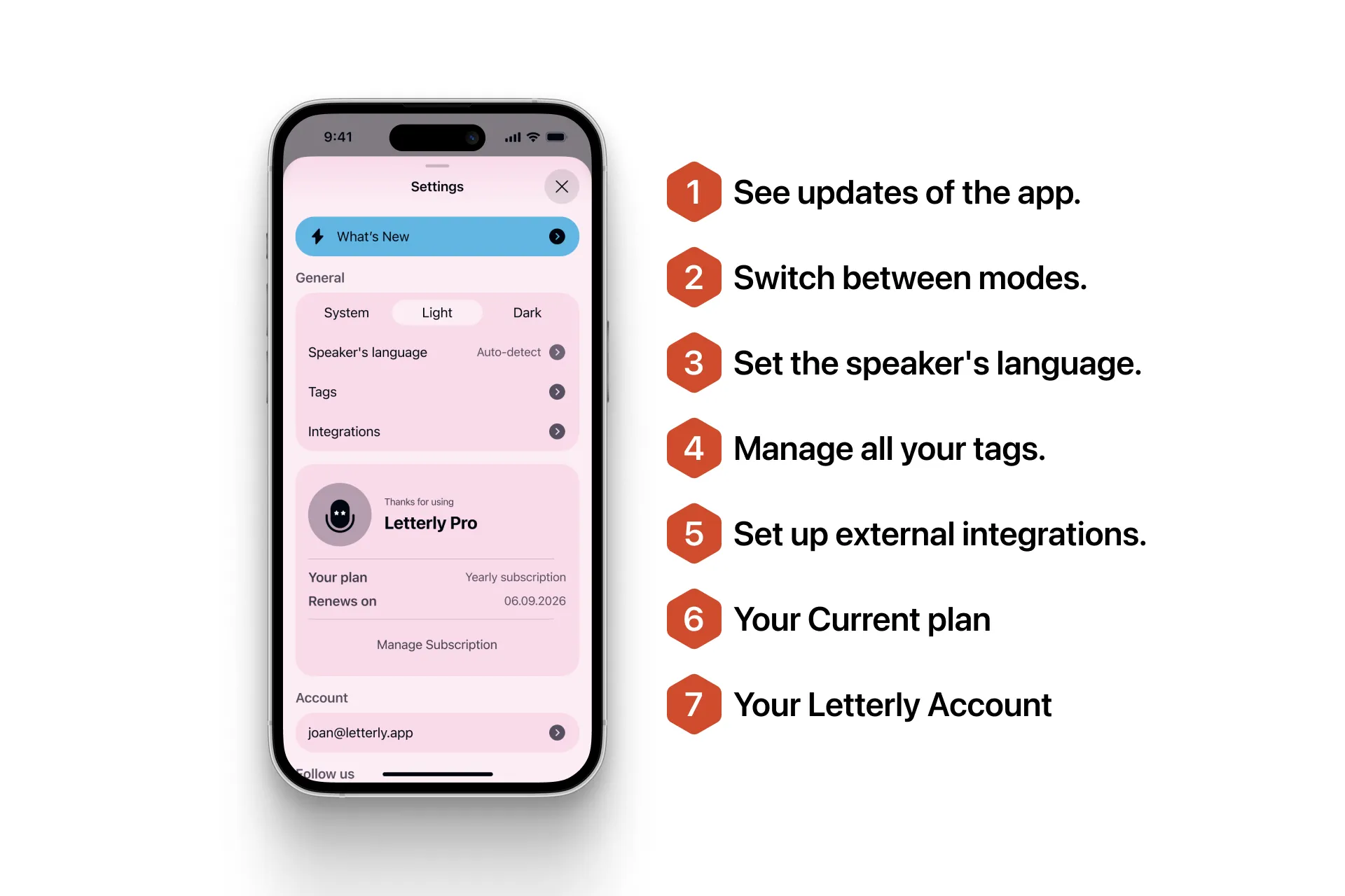 Explore Letterly settings screen 
